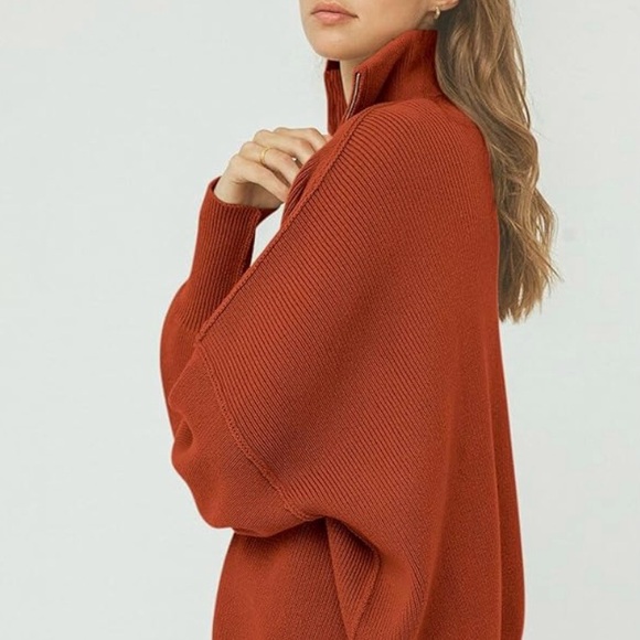 ANRABESS Women's LARGE Rust Oversized Long Sleeve Quarter Zip Slouchy Sweater - Picture 3 of 6